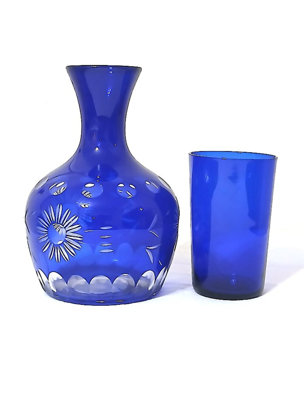 Vase Vintage Cobalt Blue Glass Decanter & Drinking Glass Set Cut Pattern